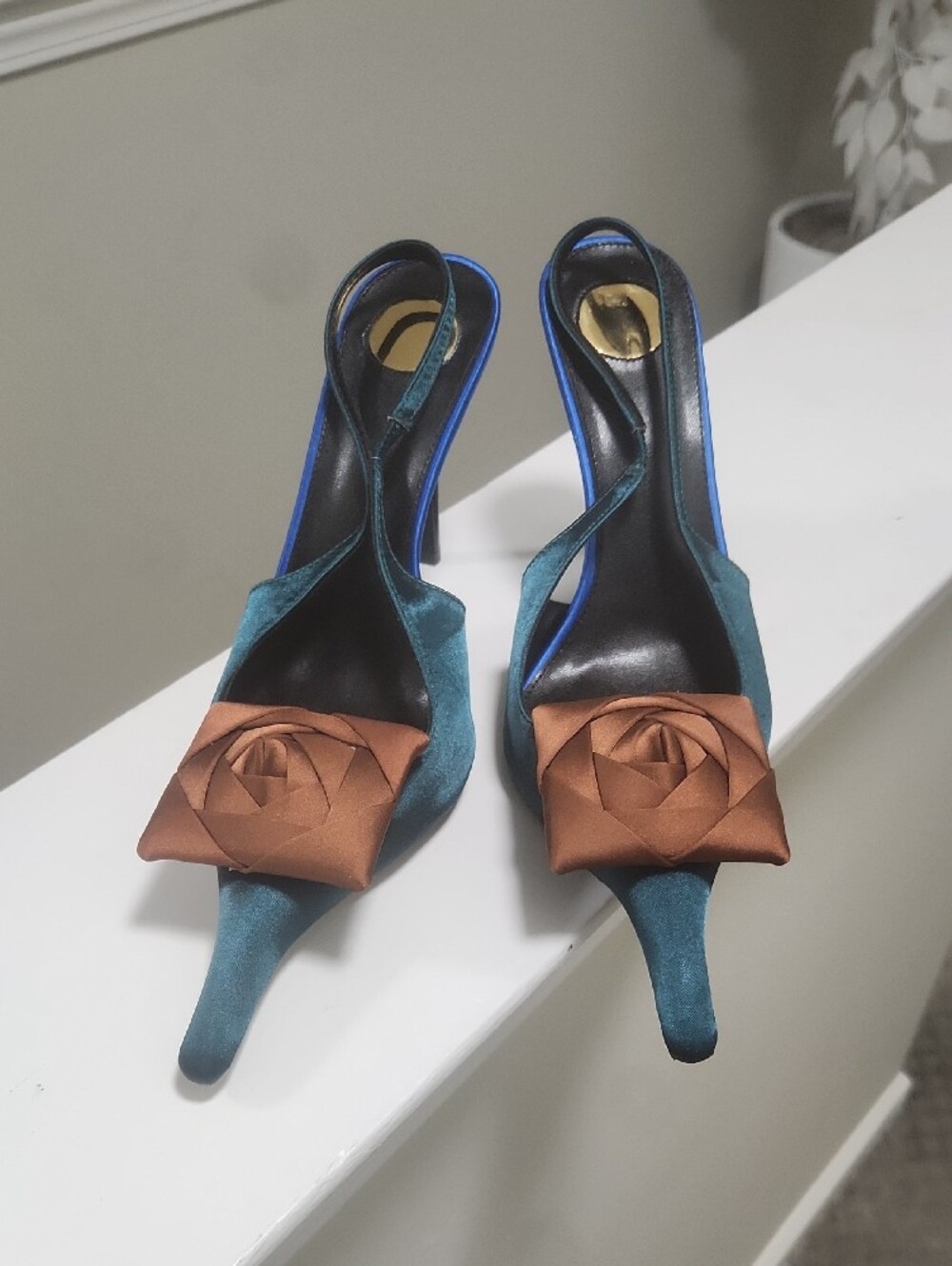 Teal Satin Pointed Slingback Pump with Brown Rosette Accent - Picture 2 of 6